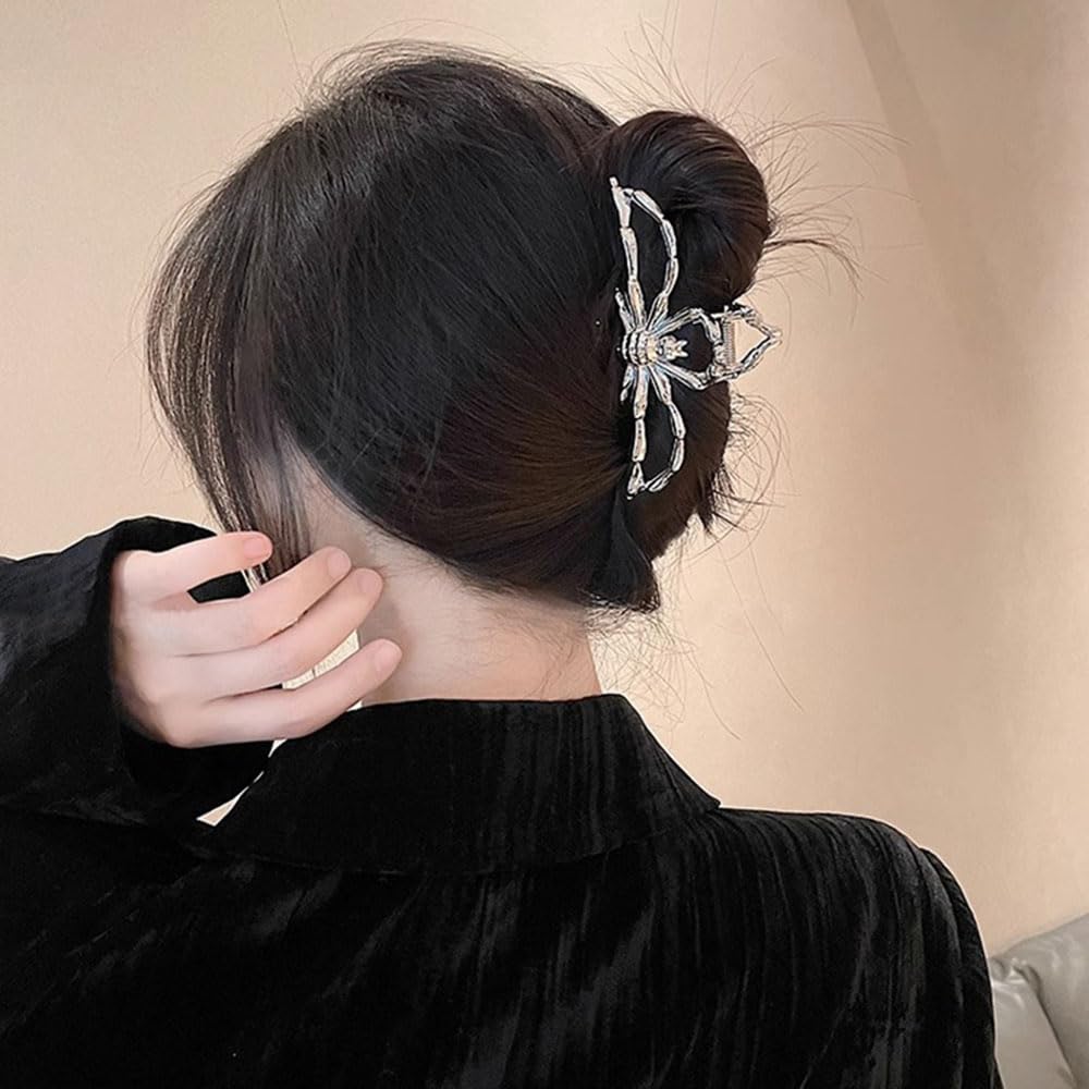 Spider Metal Silver Hair Claw Clips - Large Non-Slip Luxury Headdress for Thick Hair, Strong Grip Jaw Hair Clips, Fashion Accessories for Women and Girls, 1Pcs