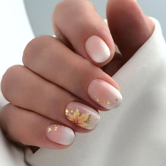 Fall Press on Nails Short Fake Nails Round Head False Nails with Maple Leaf Gold Foil Design Glossy Gradient Pink White Acrylic Nails Full Cover White Nail Tips Glue on Nails for Women and Girls