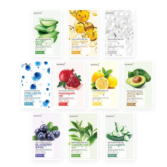 EUNYUL [PACK OF 10] Natural Sheet Mask Pack 10 types Korean Skincare Facial Mask Pack/Aloe, Collagen, Pearl, Hyaluron, Avocado, Pomegranate, Vitamin, Blueberry, Green Tea, Cucumber