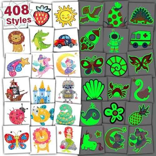 Partywind 408 PCS Temporary Tattoos for Kids, Glow and Glitter Fake Tattoo Stickers for Boys Girls Party Supplies Favors, Cute Goodie Bag Stuffers for Children (Individually Wrapped Sheet)