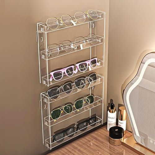 3 Layers Makeup Organizer Wall Mounted, Acrylic Invisible Floating Shelves with Anti-Slip Adhesive Backing, Sunglasses Display Rack, Nail Polish Storage, Clear (2 Pack)
