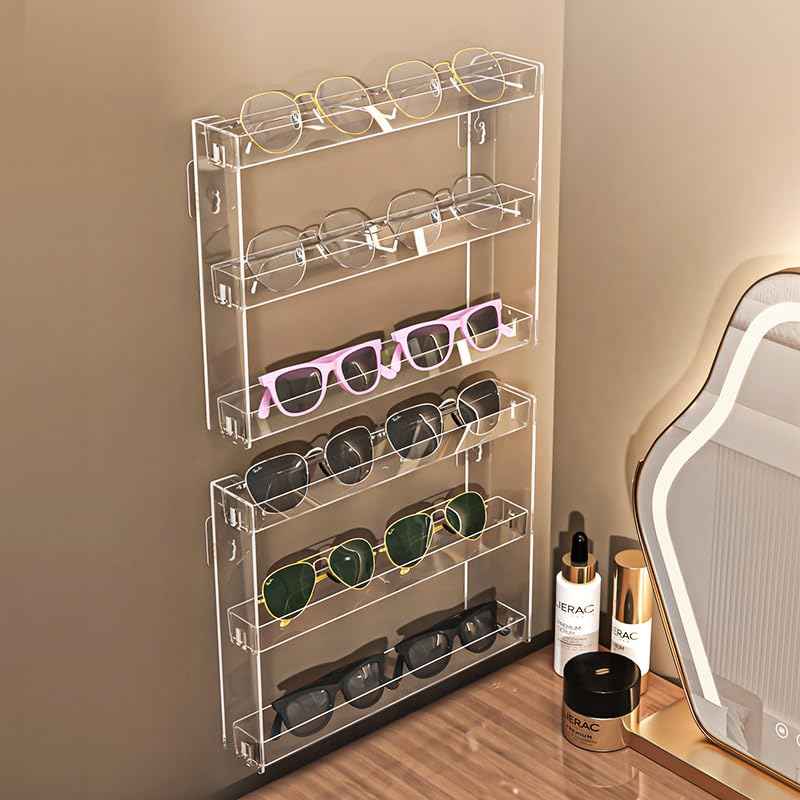 YIEZI 3 Layers Makeup Organizer Wall Mounted, Acrylic Invisible Floating Shelves with Anti-Slip Adhesive Backing, Sunglasses Display Rack, Nail Polish Storage, Clear (2 Pack)