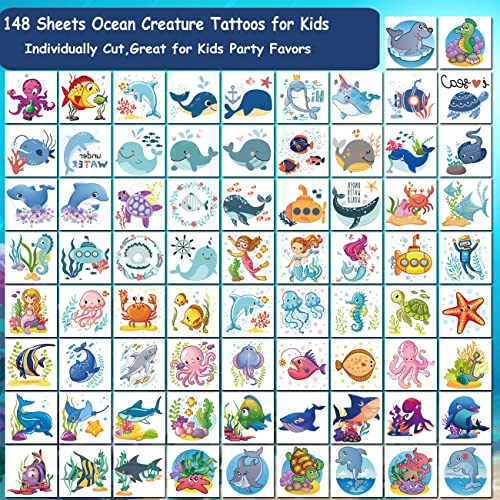 148 PCS Ocean Animals Temporary Tattoos for Kids - Sea Creature Individual Tattoos for Boys Girls Ocean Birthday Party Favors Goodie Bag Fillers