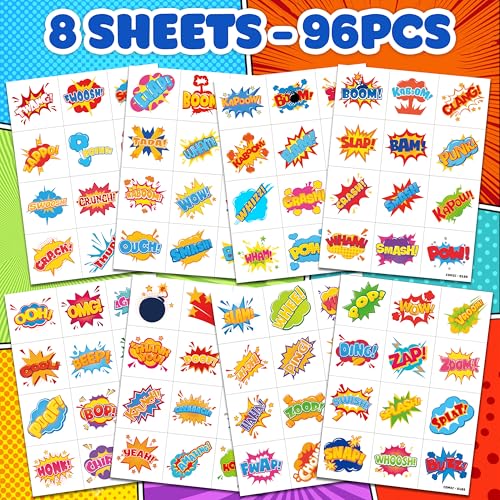 96 PCS Comic Temporary Tattoos for Kids Party Favors