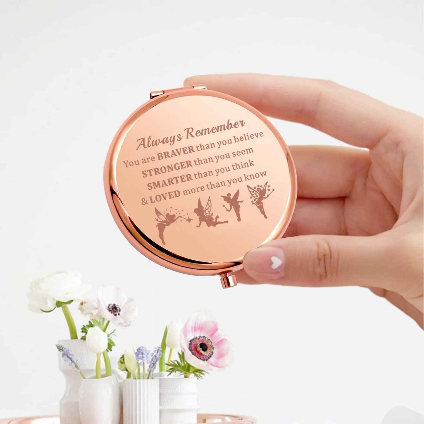 KEYCHIN Fairy Tale Pocket Mirror Fairy Pixie Cartoon Fans Gifts You are Braver Stronger Smarter Than You Think Compact Makeup Mirror for Women Girls Teenagers (Fairy Tale Mirror-RG)