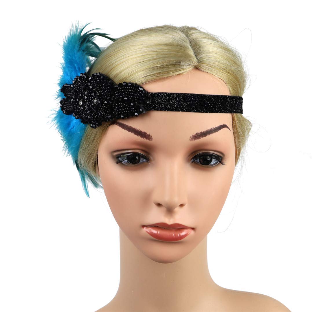 Lovfingu Women's 1920s Great Gatsby Headband Vintage Feather Flapper 20s Headpiece Vintage Sky Party Hair Accessories0Blue