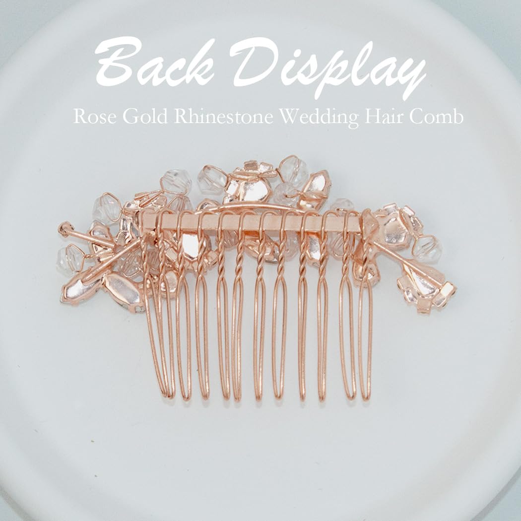 Crystal Wedding Hair Comb Silver Bridal Headpiece Bride Sparkly Rhinestone Hair Side Comb Bridesmaid Pearl Hairpieces Side Combs Hair Accessories for Women (Rose Gold)