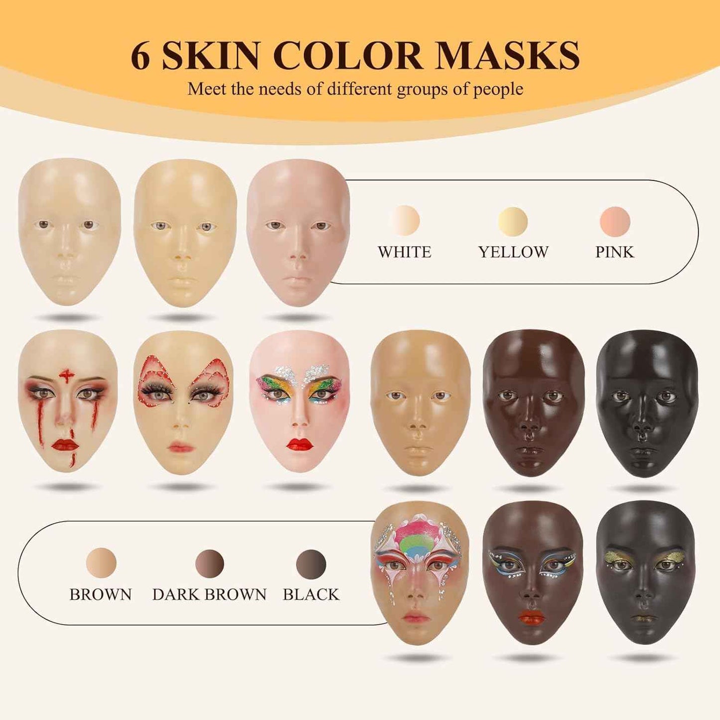 Silicone Makeup Practice Head, Set with Face Painting Mannequin, Brushes and Eyebrow Pen, Ideal Gift for Beginners & Enthusiasts to Improve Makeup Skills, Yellow