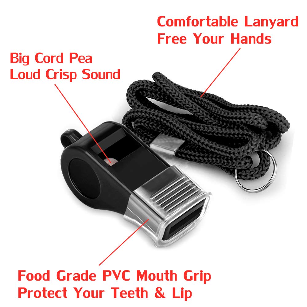 Hipat Whistle, 2 Packs Sports Whistles with Lanyard & Mouth Grip, Loud Crisp Sound, Black Plastic Whistles Ideal for Coaches, Referees, and Officials