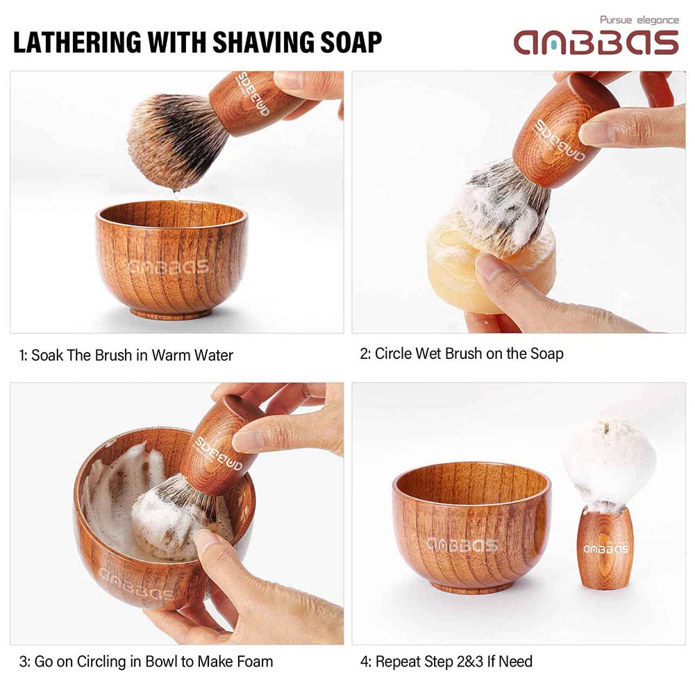 Anbbas Shaving Set, Pure Badger Hair Shaving Brush Wood Handle and Large Soap Bowl with Stainless Steel Shaving Stand 3IN1 Kit for Men