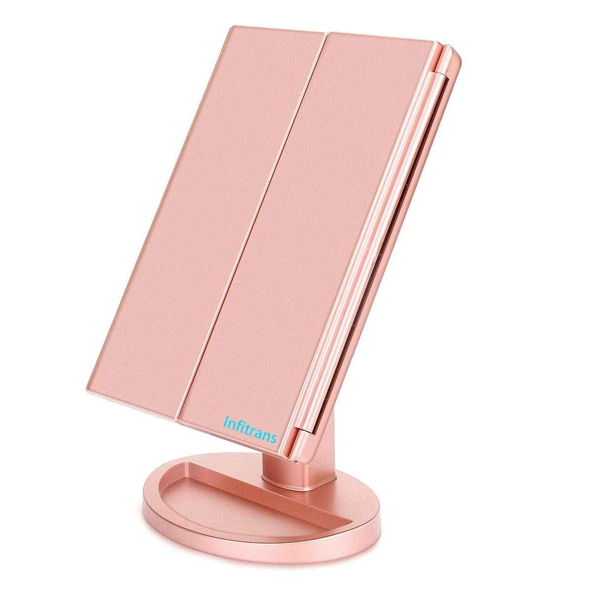 Infitrans Trifold Makeup Mirror Vanity Mirror with Lights,1X 2X 3X Magnification,Touch Screen,180 Adjustable Rotation,Portable Travel Bathroom Cosmetic Mirror