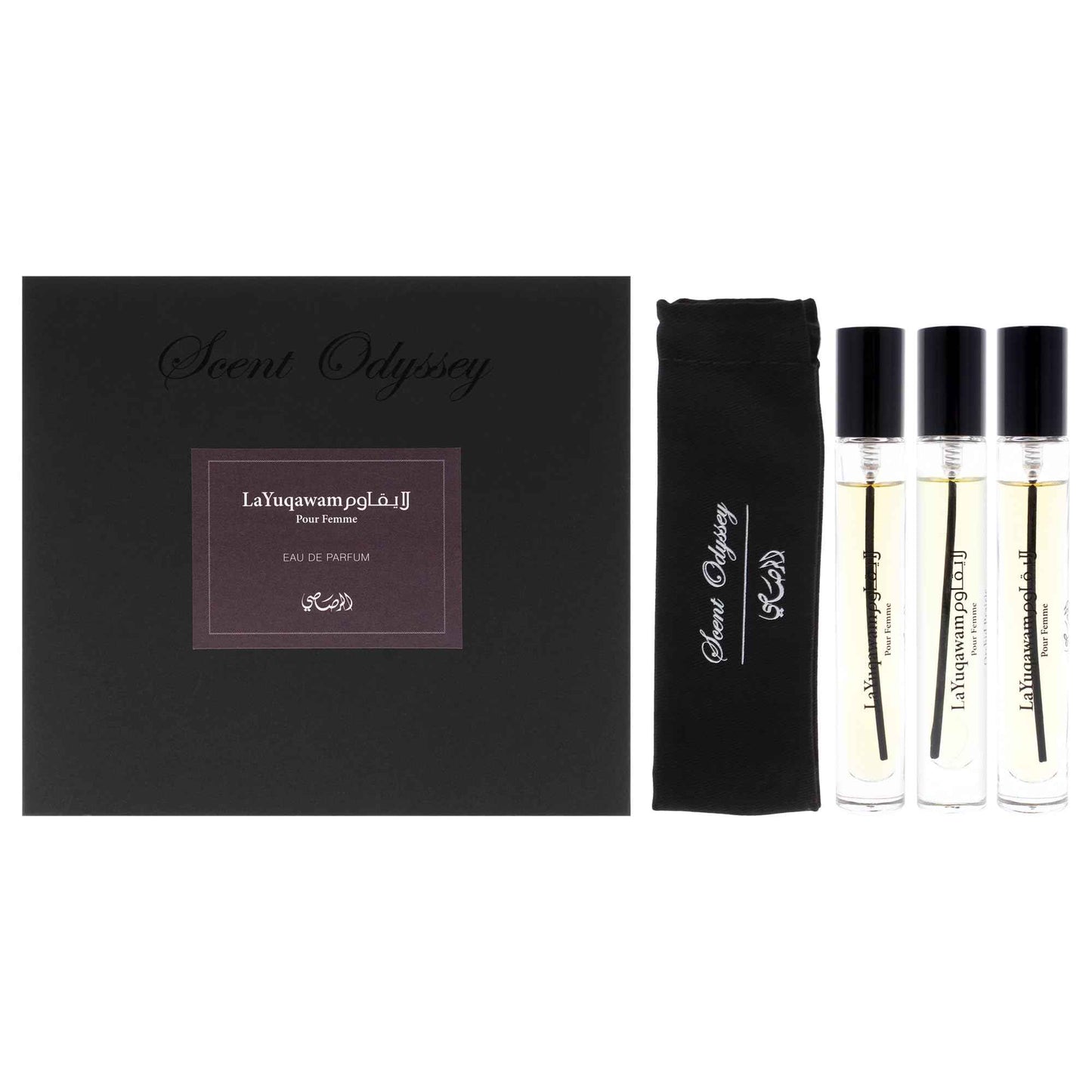 Rasasi Scent Odyssey La Yuqawam for Women | 3-Piece Mini Gift Set | Includes 0.25oz La Yuqawam Pour Femme EDP Spray, | 0.25oz Jasmine Wisp EDP Spray, | 0.25oz Orchid Prairie EDP Spray