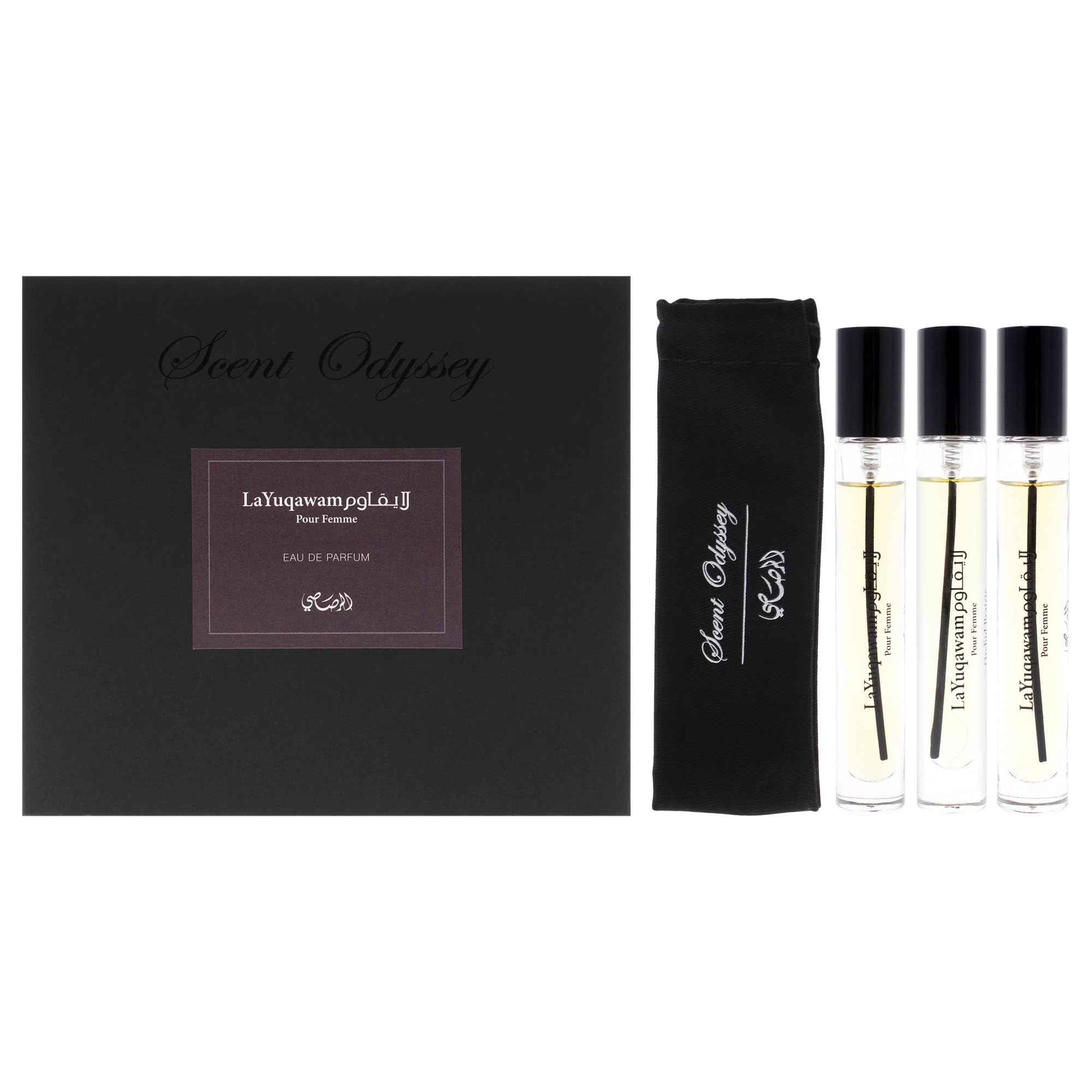 Rasasi Scent Odyssey La Yuqawam for Women | 3-Piece Mini Gift Set | Includes 0.25oz La Yuqawam Pour Femme EDP Spray, | 0.25oz Jasmine Wisp EDP Spray, | 0.25oz Orchid Prairie EDP Spray