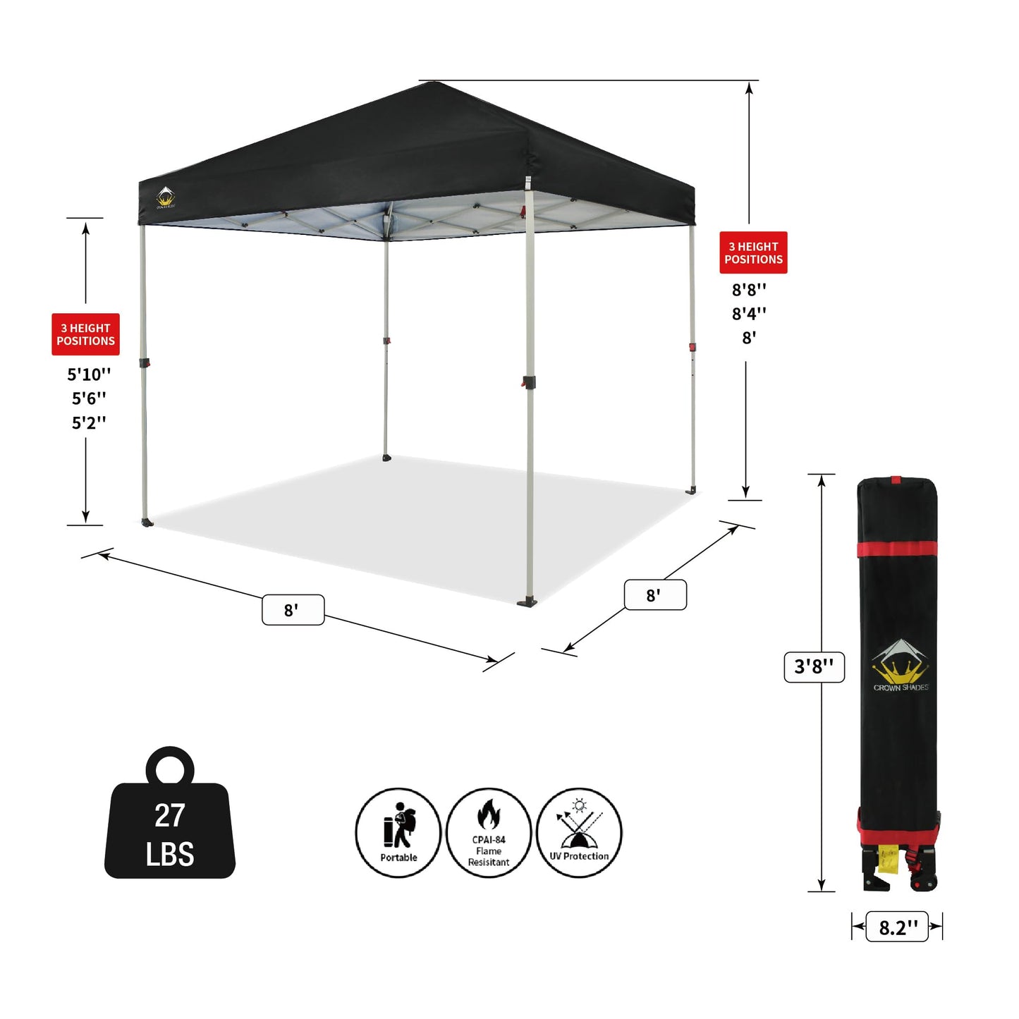 CROWN SHADES 8x8 Pop Up Canopy, Patented Center Lock One Push Instant Popup Outdoor Canopy Tent, Newly Designed Storage Bag, 8 Stakes, 4 Ropes, Silver-Coated Black