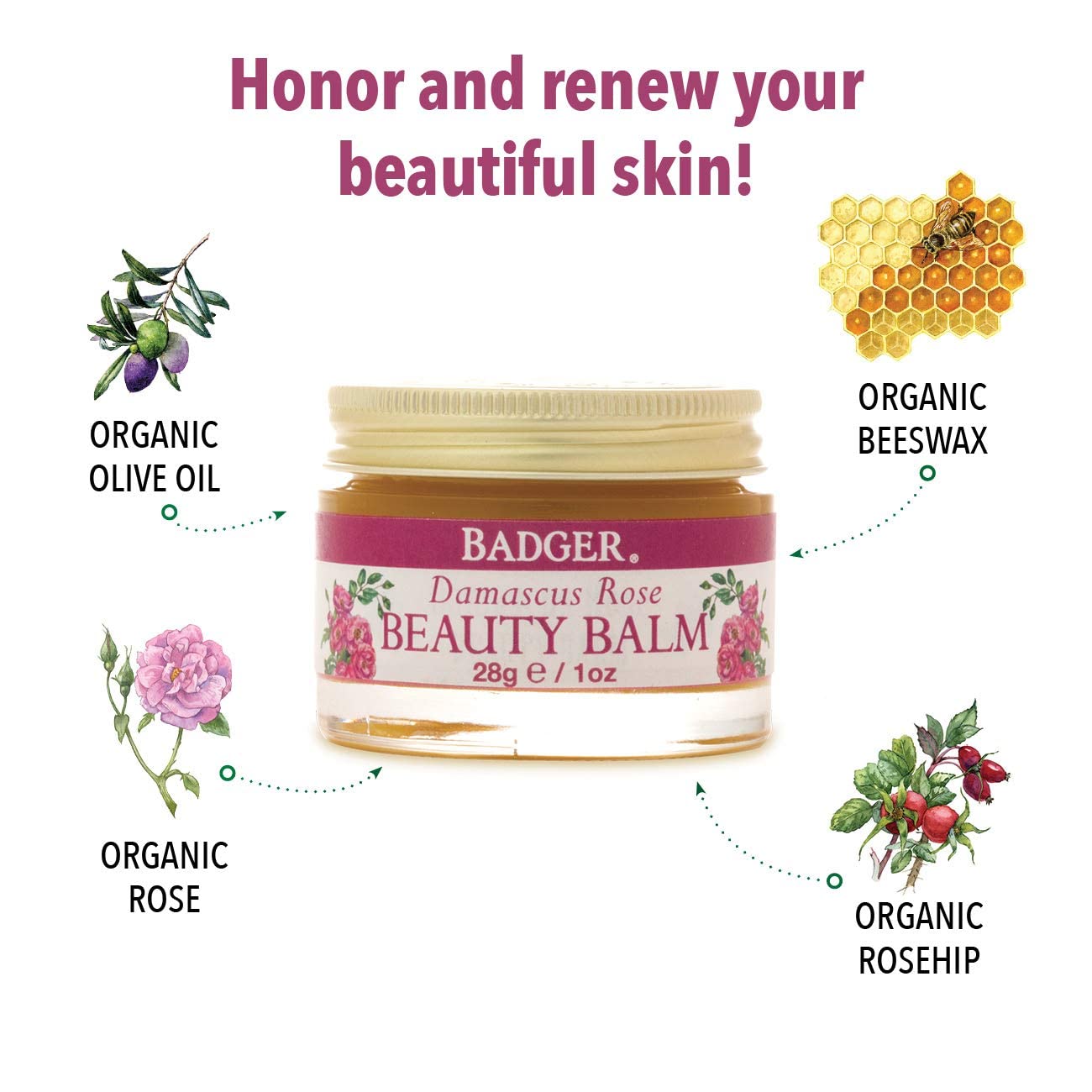 Badger Damascus Rose Beauty Balm - Certified Organic 28 g/1oz