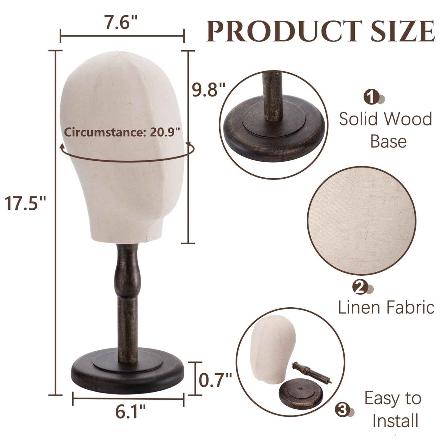 Peohud 21 Inch Mannequin Head, Canvas Wig Stand with Head, Linen Dome Model Head with Detachable Wood Stand for Hats, Caps, Headdress, Wig Making, Headband Display