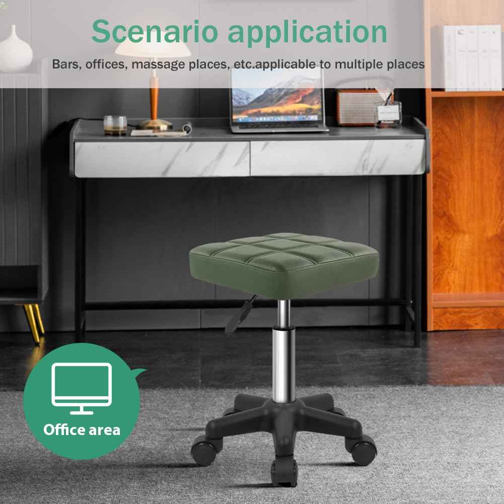 FURWOO Square Swivel Stool with Wheels PU Leather Rolling Stool Height Adjustable for Spa Salon Massage Green