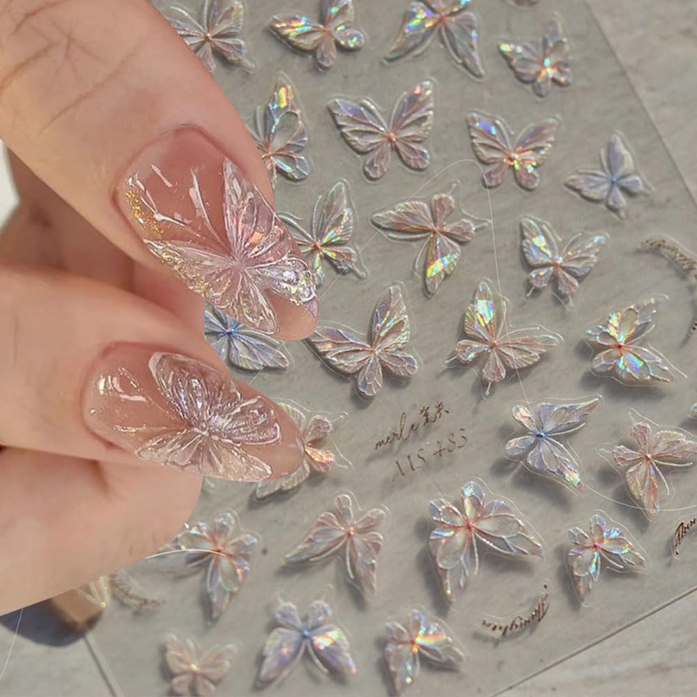 5D Embossed Designs Butterfly Nail Art Stickers Decals Self Adhesive Nail Decals Shining Aurora Shell Nail Stickers Manicure Sliders for Women DIY Nail Art Decorations (07.shelllight Butterfly)