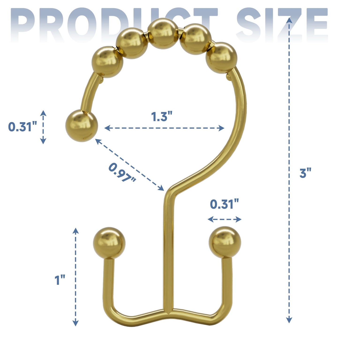 Titanker Gold Shower Curtain Hooks Rings, Rust-Resistant Metal Double Glide Shower Hooks Rings for Bathroom Shower Curtains Rods, Set of 12 Hooks - Gold