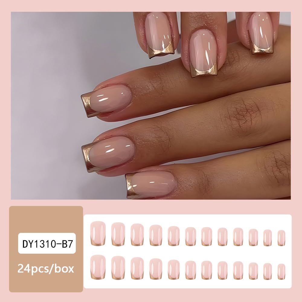 Gold French Tip Press on Nails Medium Length Square Shape Pink False Nails Medium Square Press ons Summer Fake Nails Full Cover Glue on Nails Nude Pink False Nails with Design for Women Girl 24Pcs