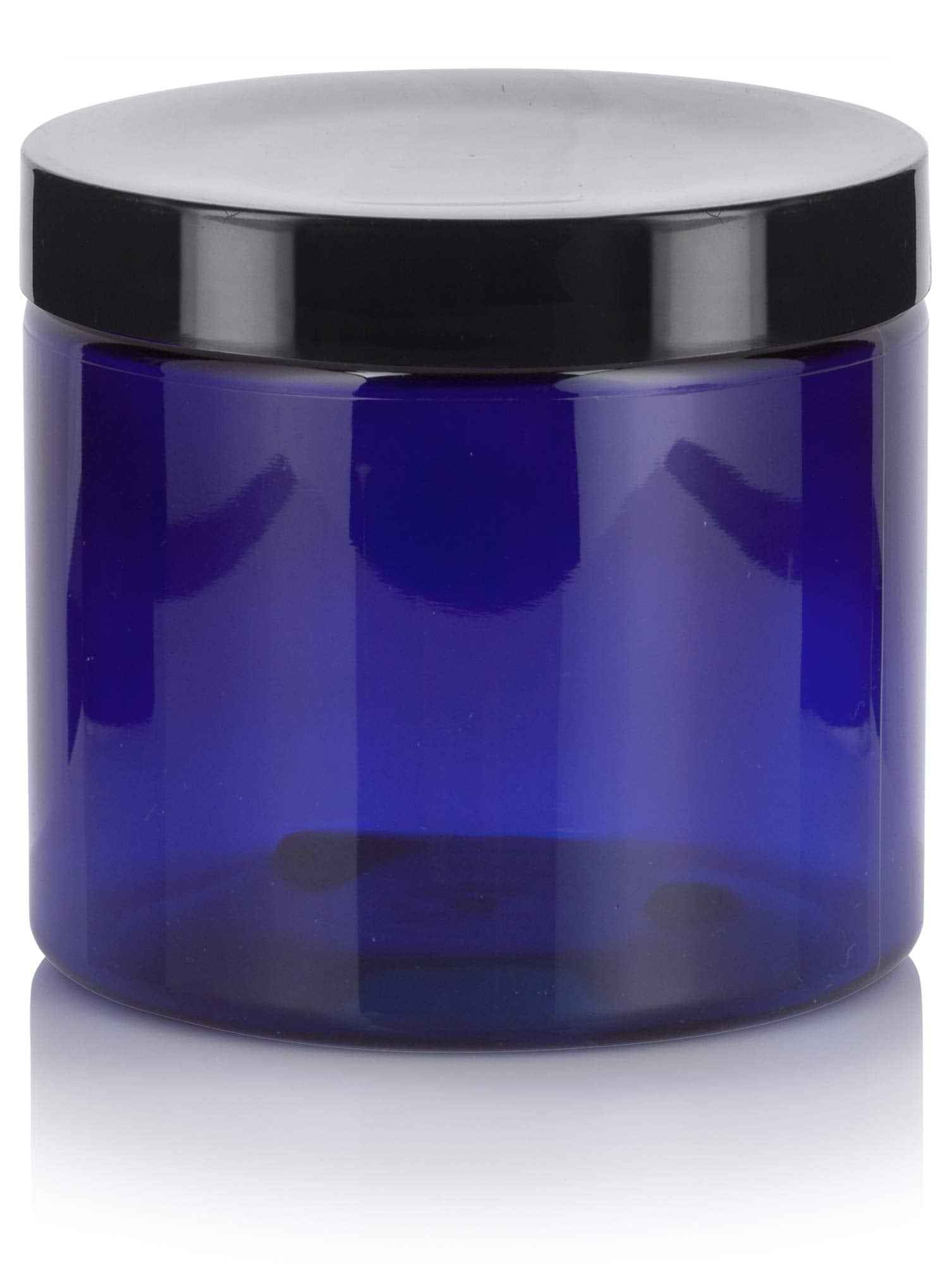 JUVITUS 16 oz Cobalt Blue PET Plastic Refillable Jar with Black Smooth Lid (6 pack)