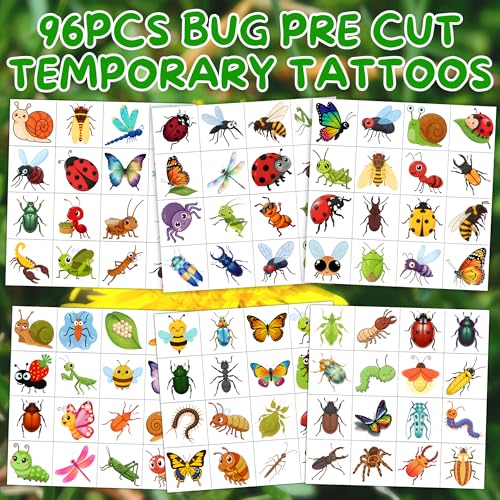 Bug Temporary Tattoos for Kids - 96 PCS Pre-Cut