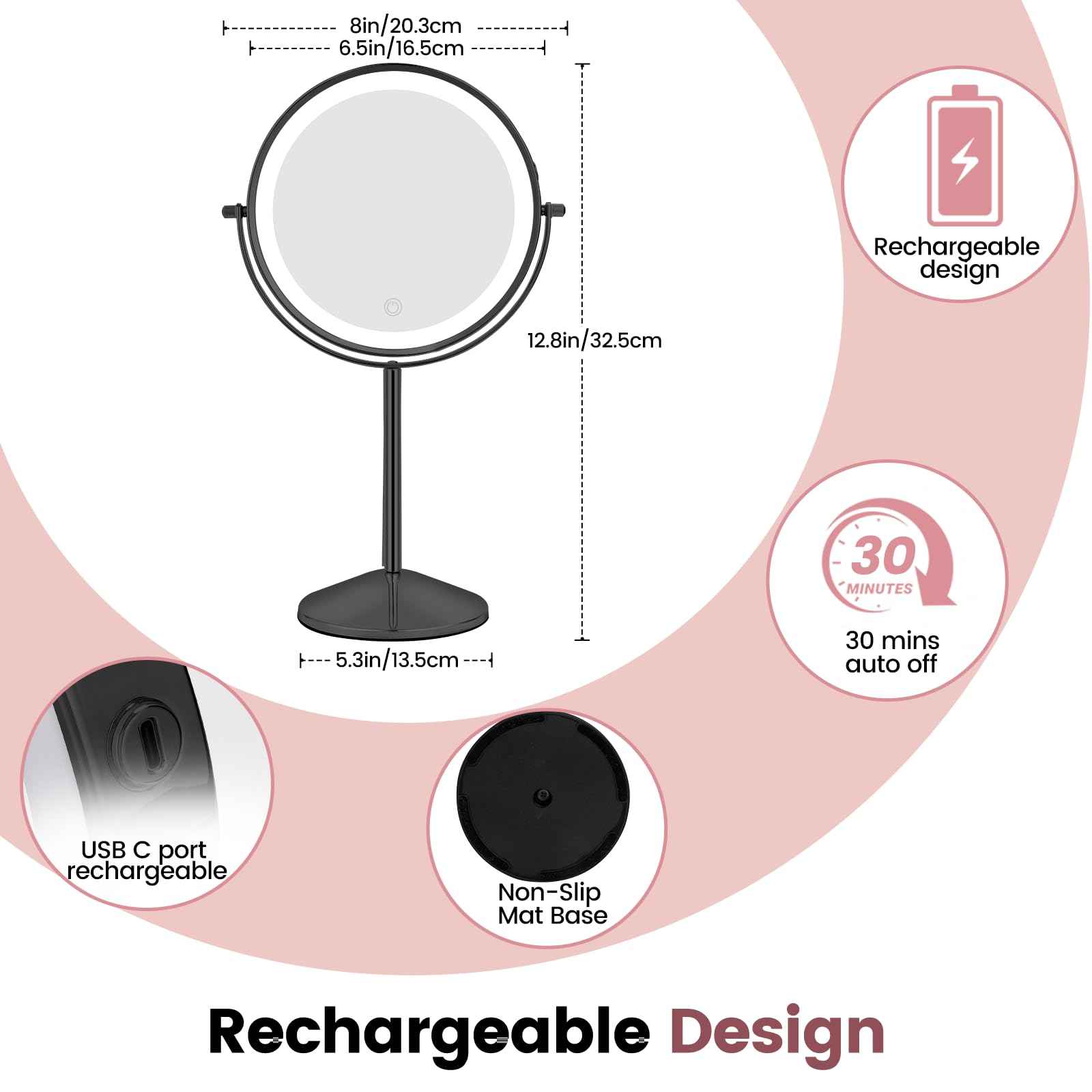 AumVum 8" Vanity Mirror with Lights Rechargeable, 1X/10X Magnifying Makeup Mirror with Touch Screen, 54 LED Adjustable Brightness, 3 Color Modes, 360° Rotation for Tabletop & Bedroom