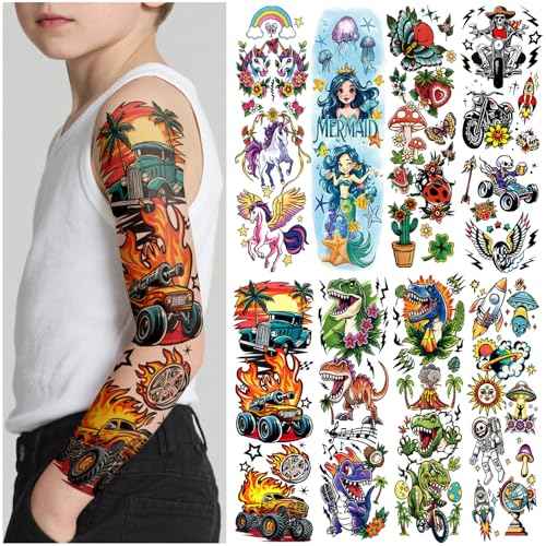 52pcs Temporary Tattoos for Kids, Full Arm Sleeve Tattoos with Mermaid Unicorn Truck Dinosaur Rocket Animals Plants Body Face Fake Arm Tattoos Stickers for Grils Boys Gift Party Supplies