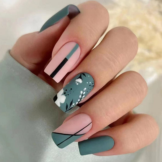 Press on Nails Medium Square Glue on Nails Matte Full Cover False Nails with White Flower Design Medium Fake Nails Acrylic Nails Stick on Nails for Women 24Pcs