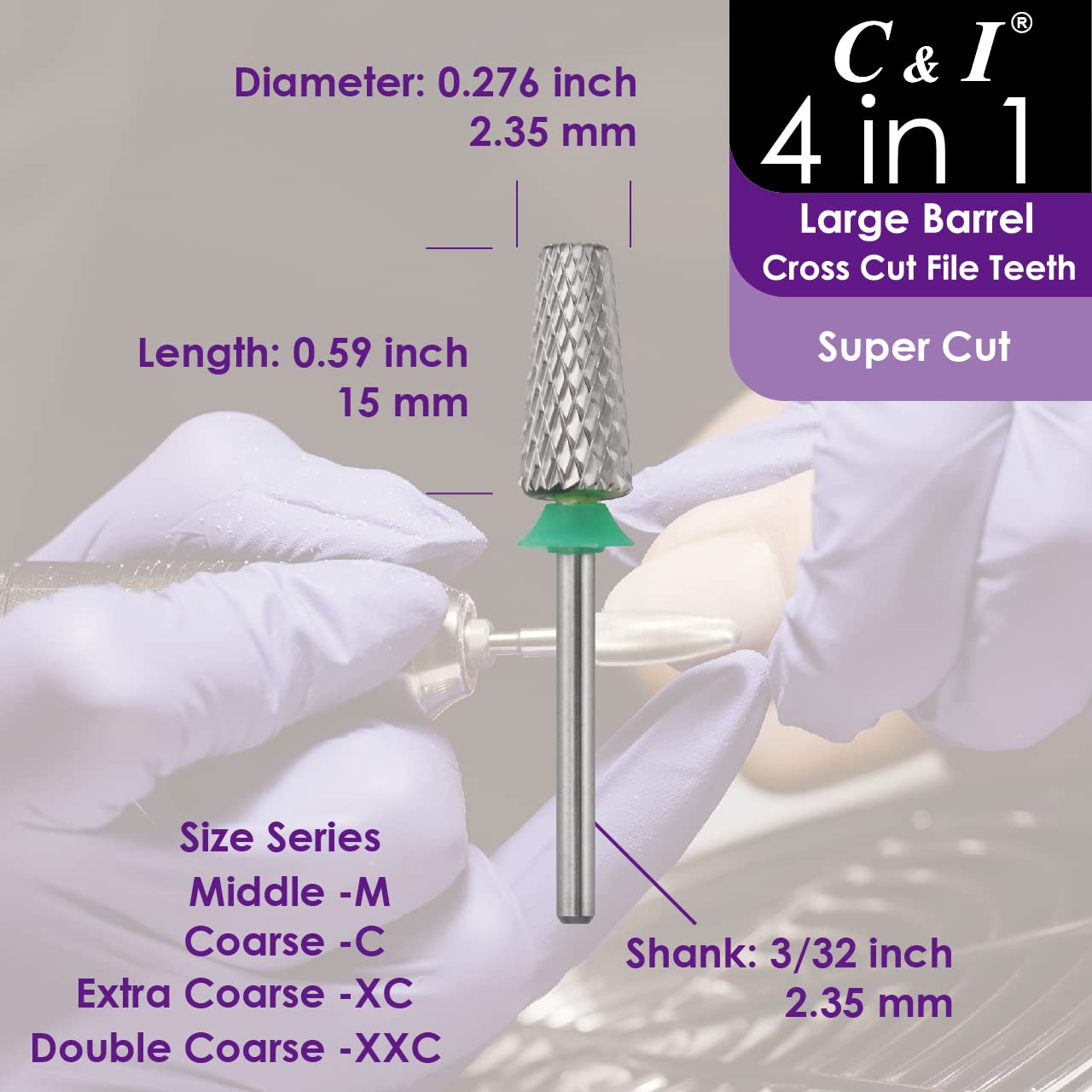 C & I Nail Drill Bit 4 in 1 Super Cut E-File, Multi-function plus Upgrade File-Teeth, Large Barrel & Cross Cut, for Manicure Drill Machine, Help Nail Tech to Remove Nail Works (Coarse-C)