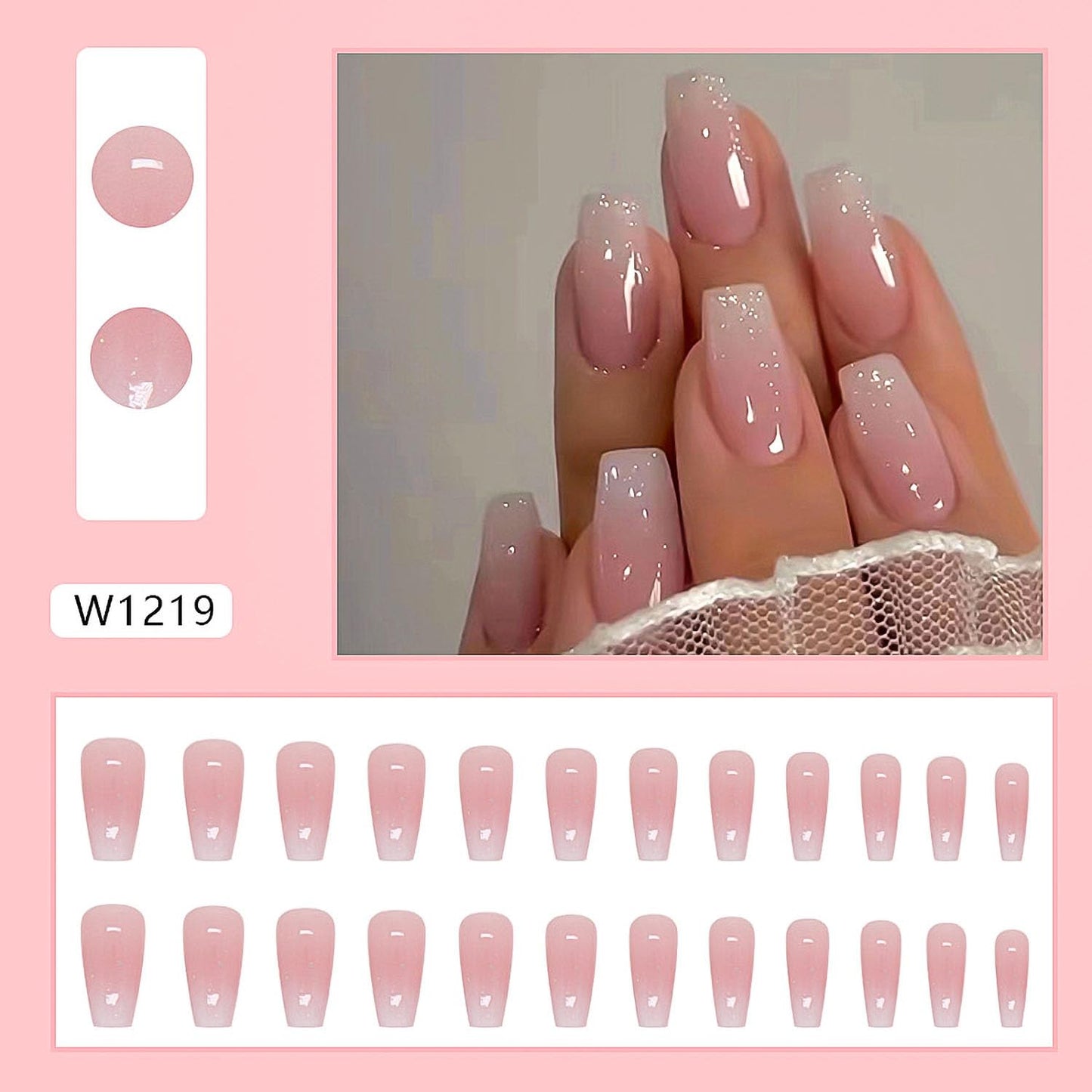 French Tip Press on Nails Medium Coffin Fake Nails Pink Nude False Nails Glossy Full Cover Acrylic Stick on Nails Winter Nail Supplies for Women 24Pcs