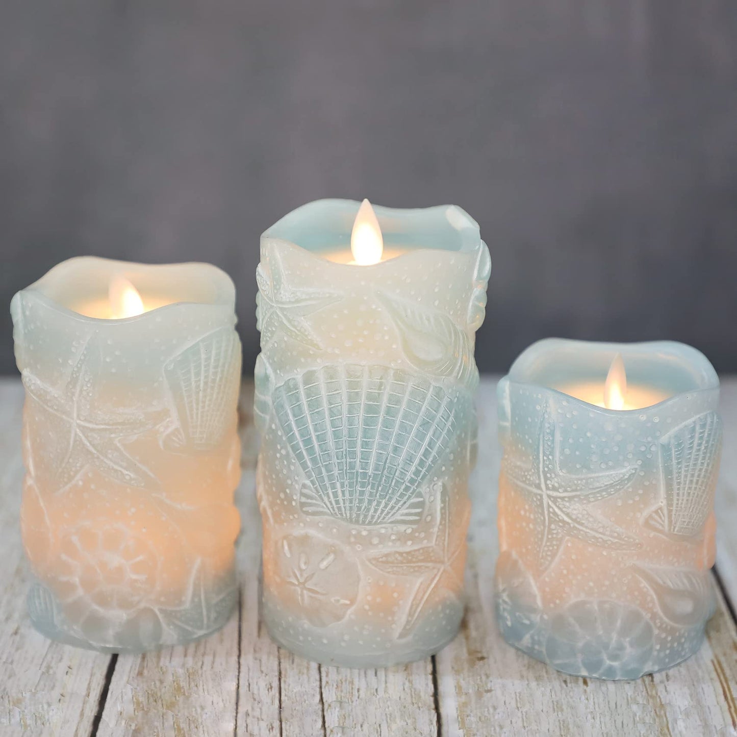 Silverstro Ocean Flameless Candles Remote Carved Seashell Real Wax Flicker Battery Operated Candles for Home Party Wedding Nautical Thanksgiving Christmas Decor - Set of 3(Blue)