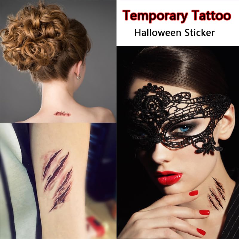Halloween Scar Temporary Tattoos - 8 Sheet Waterproof Zombie Makeup