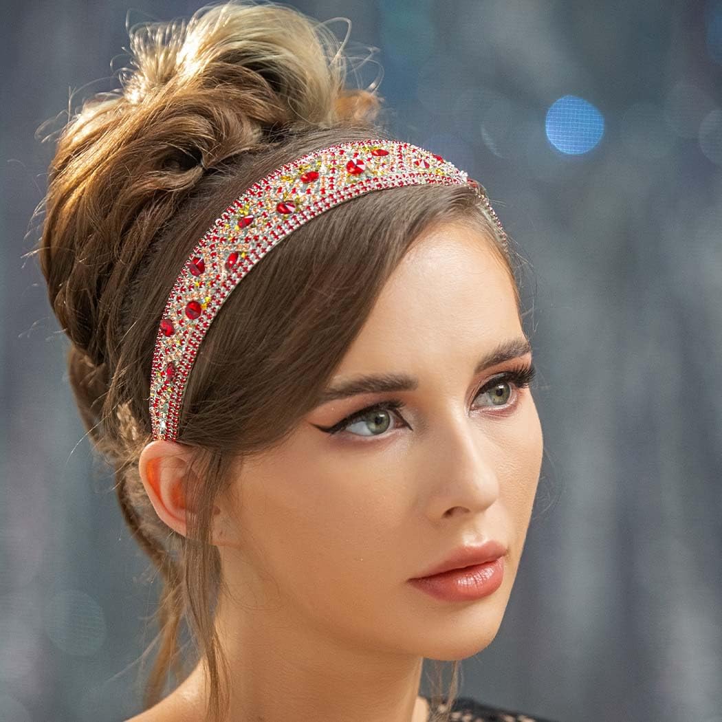 Coxiva Red Rhinestone Padded Headbands Glitter Crystal Hairband Baroque Hair Hoops Accessories Parties Headpiece for Women