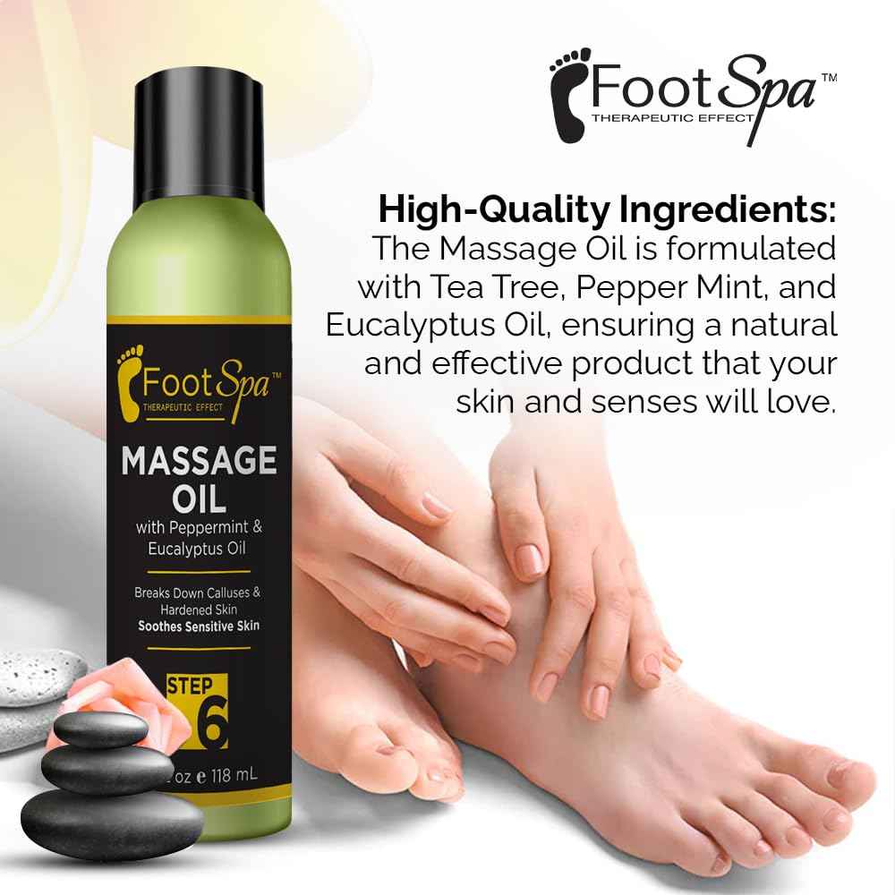 Foot SPA - Massage Oil, with Tea Tree, Pepper Mint, Eucalyptus Oil, 8 Oz - Professional Full Body Massage Therapy, Manicure, Pedicure - Relax Sore Muscles and Repair Dry Skin