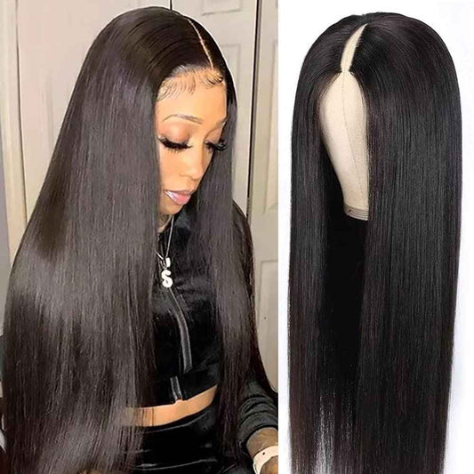 Pobokix Straight V Part Wigs Human Hair Upgrade U Part Human Hair Wigs for Black Women Glueless Clip In Half Wig 180% Density Natural Color (8inch)
