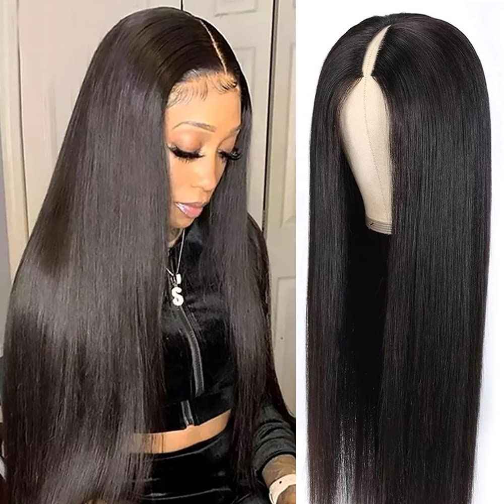 Pobokix Straight V Part Wigs Human Hair Upgrade U Part Human Hair Wigs for Black Women Glueless Clip In Half Wig 180% Density Natural Color (8inch)