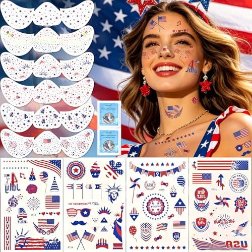 4th of July Glow in Dark Face Tattoos - Patriotic Temporary Tattoos