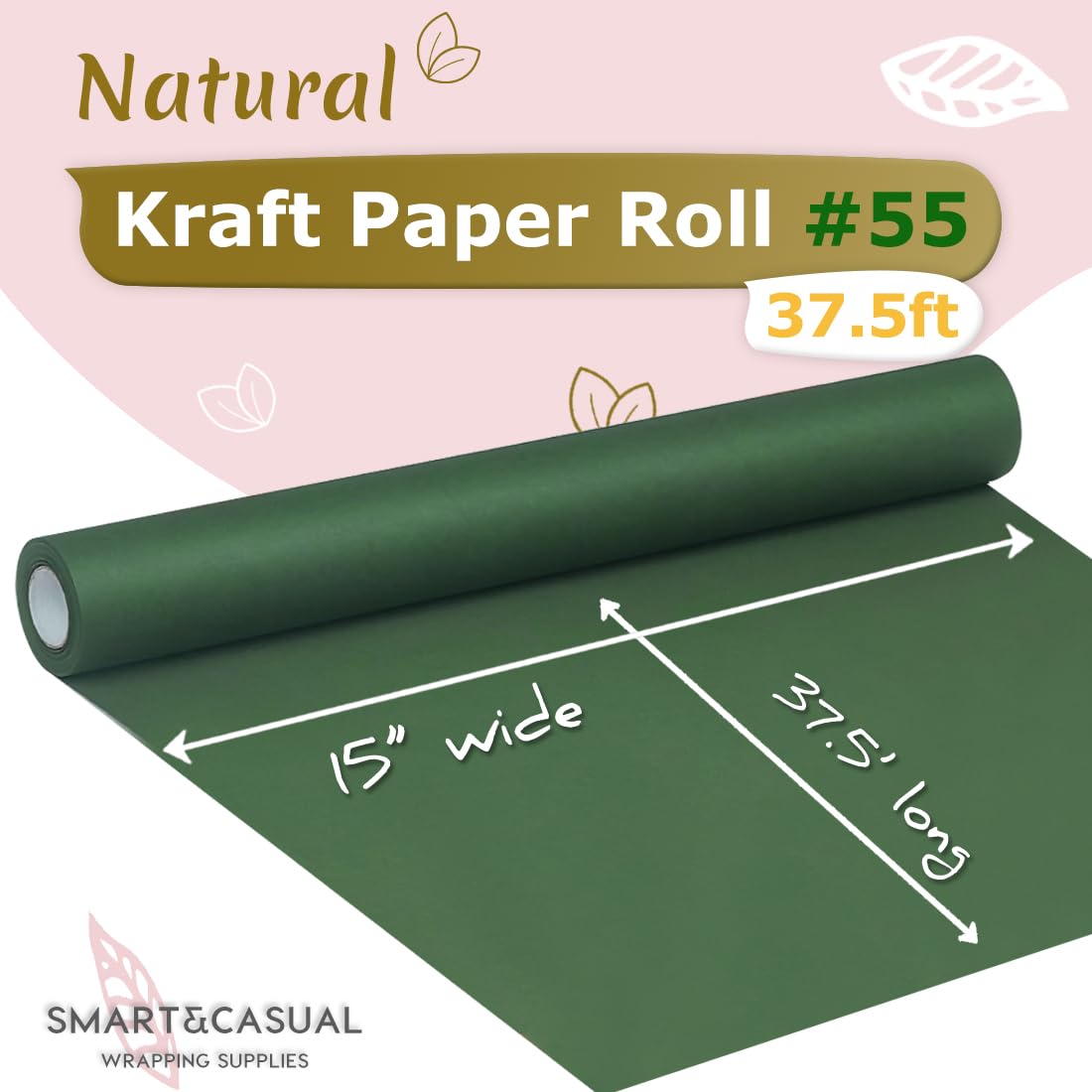 SMART&CASUAL 15" x 450" (37.5') Kraft Paper Roll for Art Craft Supplies Gift Wrapping Moving Packing Kids Painting Drawing Paint Easel Poster Chart Paper (Dark Green, 15"W x 450"L (37.5'))