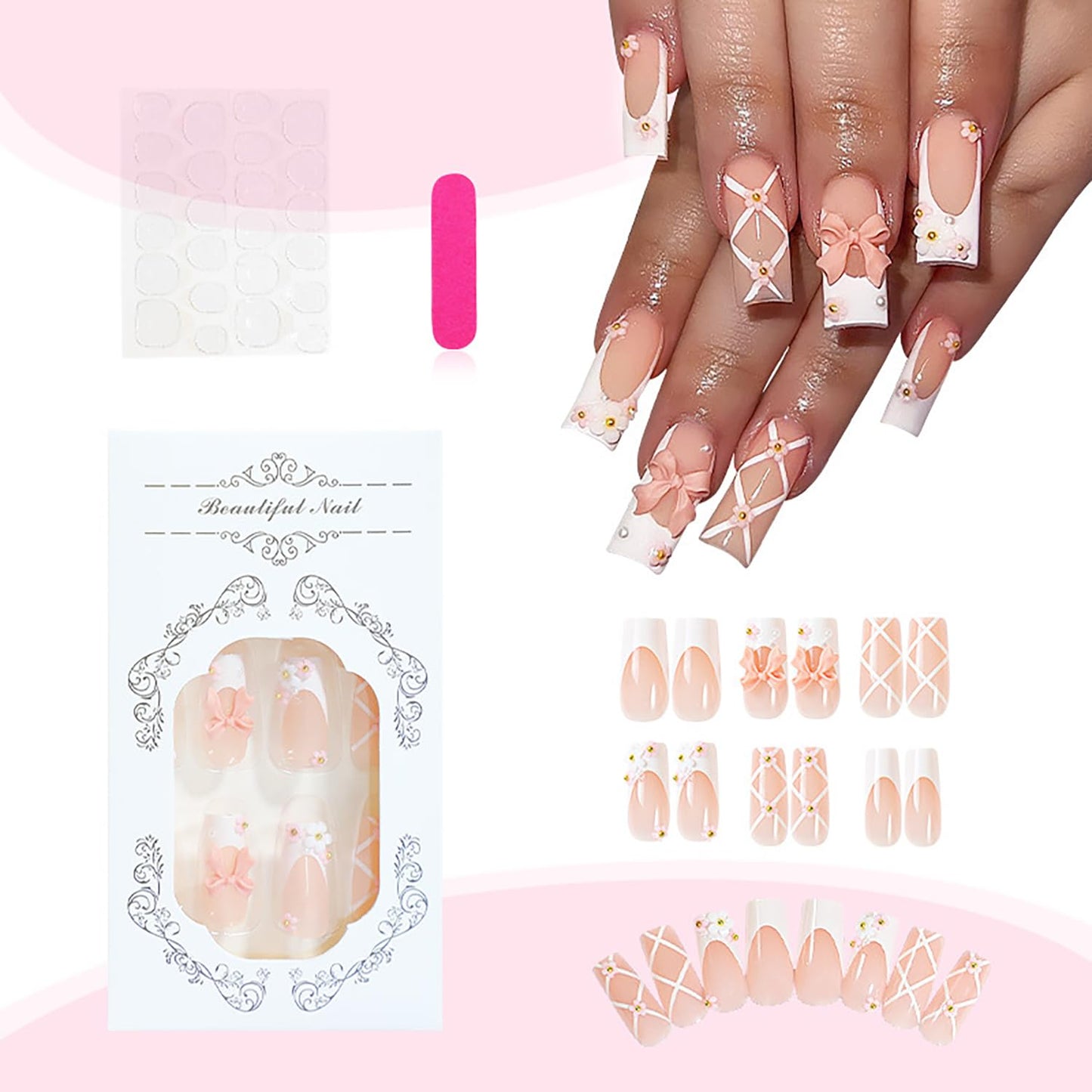 24 Pcs Long Press on Nails White French Tips Fake Nails Bow Bandage Floral Full Cover Nails Tips Square False Nails with Charms Nail Decorations Glossy Acrylic Nails for Women Girls