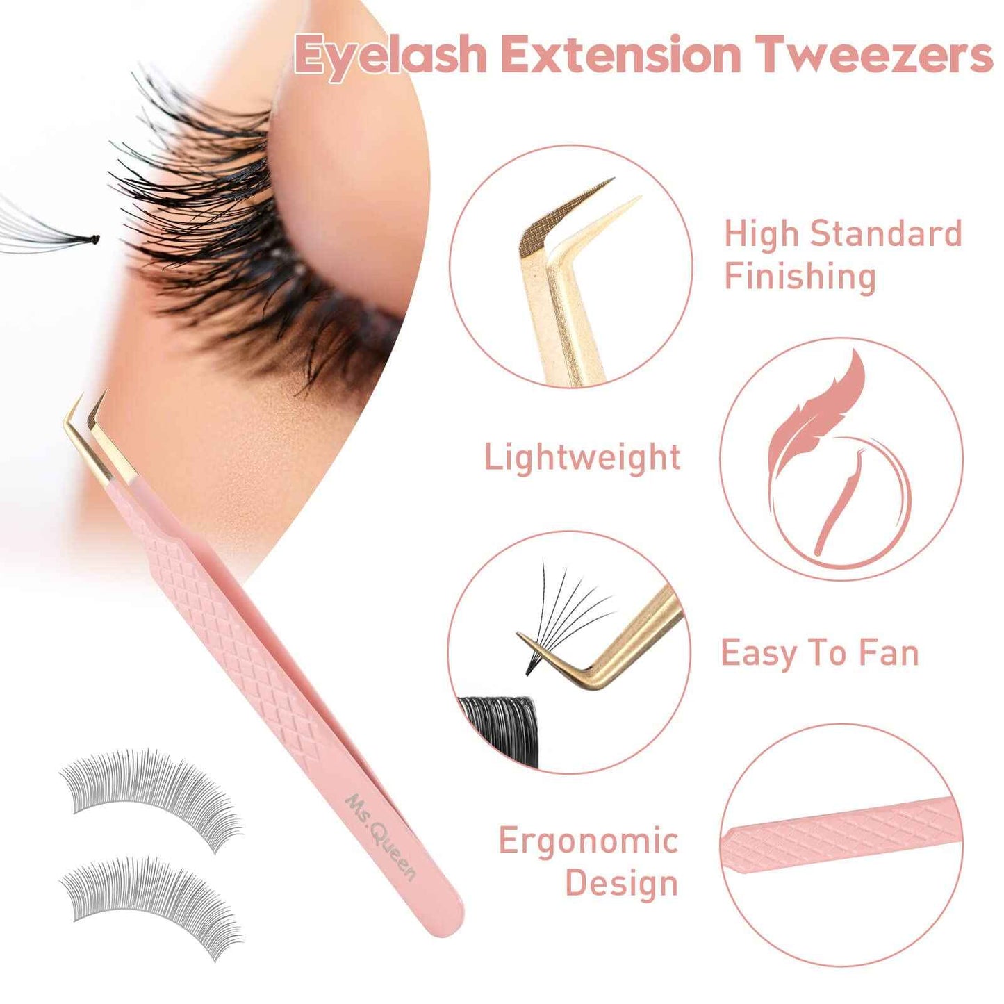 Ms.Queen Lash Tweezers for Eyelash Extensions,Precision 3Pcs Fiber Tip Grip 90 Degree L-Shaped Boot Volume Dolphin Isolation Eyelash Tweezers Set