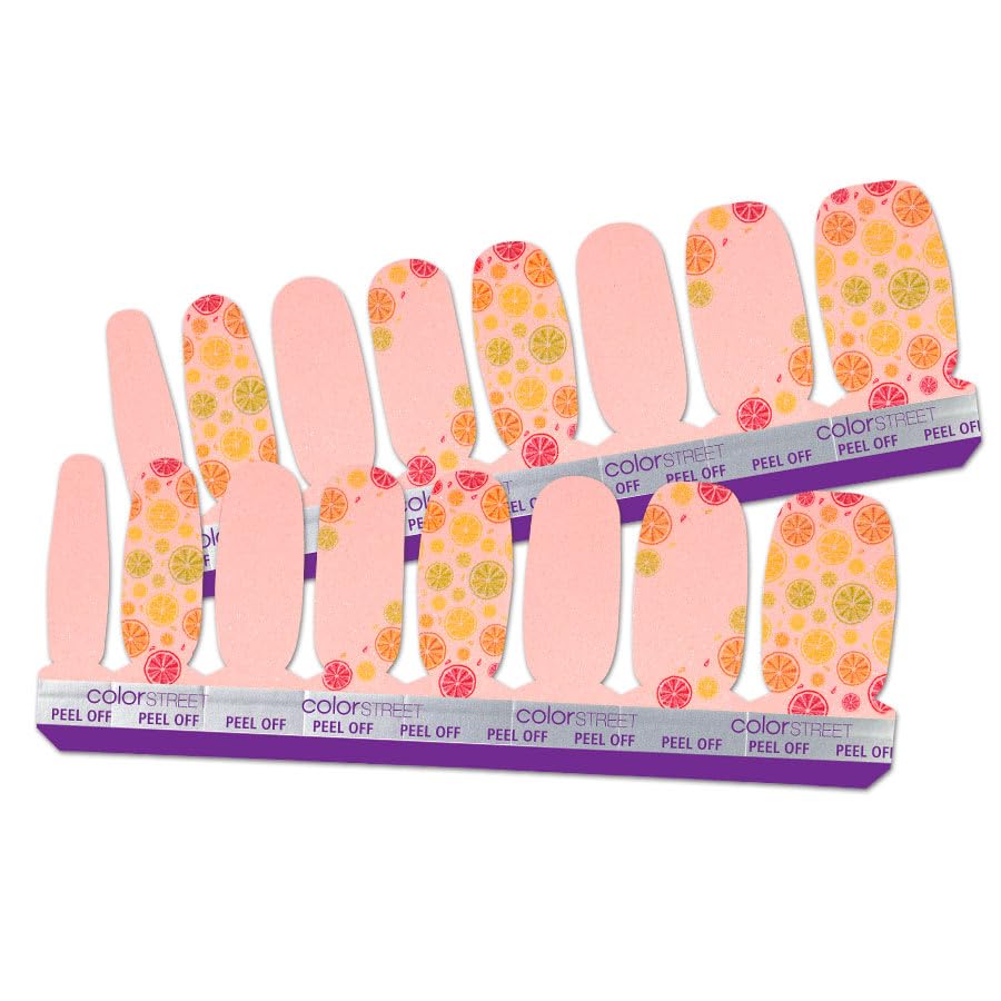 Main Squeeze - Color Street Nail Strips (Fruit Punch 2021), Lemon, Lime, Orange, & Grapefruit Slice Designs on Pink Background (FDS595)