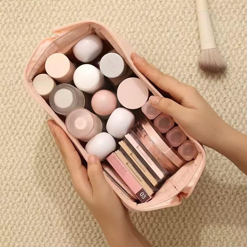 Pink Travel Makeup Bag with Brush Pocket & Compartments