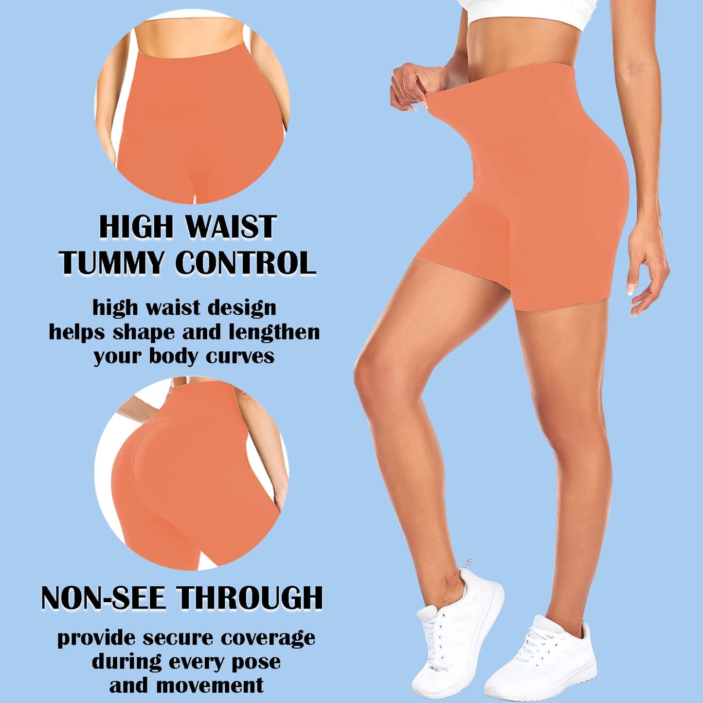 FULLSOFT High Waisted Biker Shorts for Women-5" Tummy Control Fitness Athletic Workout Running Yoga Gym Soft Shorts (Orange,Small-Medium)