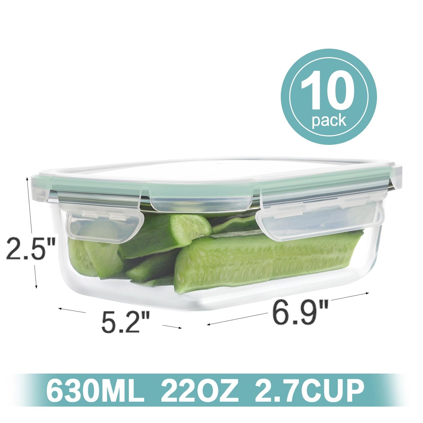 HOMBERKING 10 Pack Glass Meal Prep Containers, Glass Food Storage Containers with Lids, Airtight Glass Lunch Bento Boxes, BPA-Free & Leak Proof (10 lids & 10 Containers) - Blue