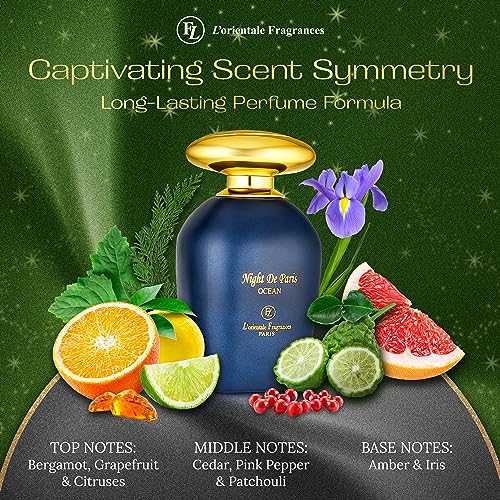 L'Orientale Fragrances Night De Paris Ocean 100ml / 3.3oz - Oil-Based Perfumes for Women & Men, Unisex Aromatic Aquatic Eau de Parfum w/Bergamot - Long-Lasting Up to 24 Hours, Ideal for All Seasons