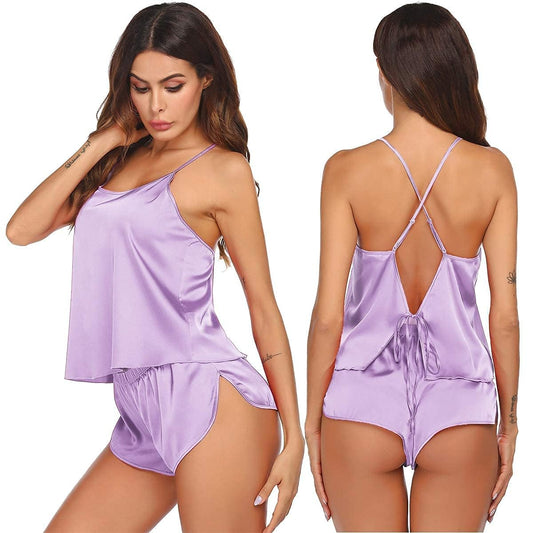 Ekouaer Silk Pajamas Set for Women Satin Backless Lingerie Pjs Cami Top and Shorts Nightwear Lavender