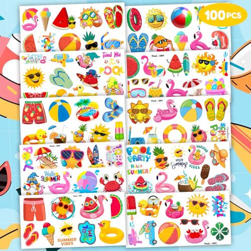 Summer Pool Beach Temporary Tattoos 100PCS Kids Party Favors
