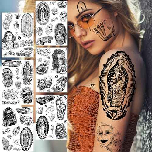 6 Sheets Large Chicano Temporary Tattoos For Men Women Adult, Chicana Guadalupe Gangster Fake Tattoos Prisoner Day of the Dead, Halloween Mexico Tattoo Stickers, Tatuajes Temporales Autocolante