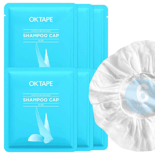 OK TAPE No Water Shampoo Cap (6 Packs), Microwaveable Rinse Free for Bedridden Patients or Elderly, Waterless Shampoo and Condition Hair, Aloe Vera Fragrance